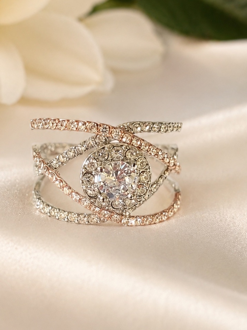 🇨🇦Canada Day Blowout! Crystal Halo Multi-Band Statement Ring in Rose and Silver